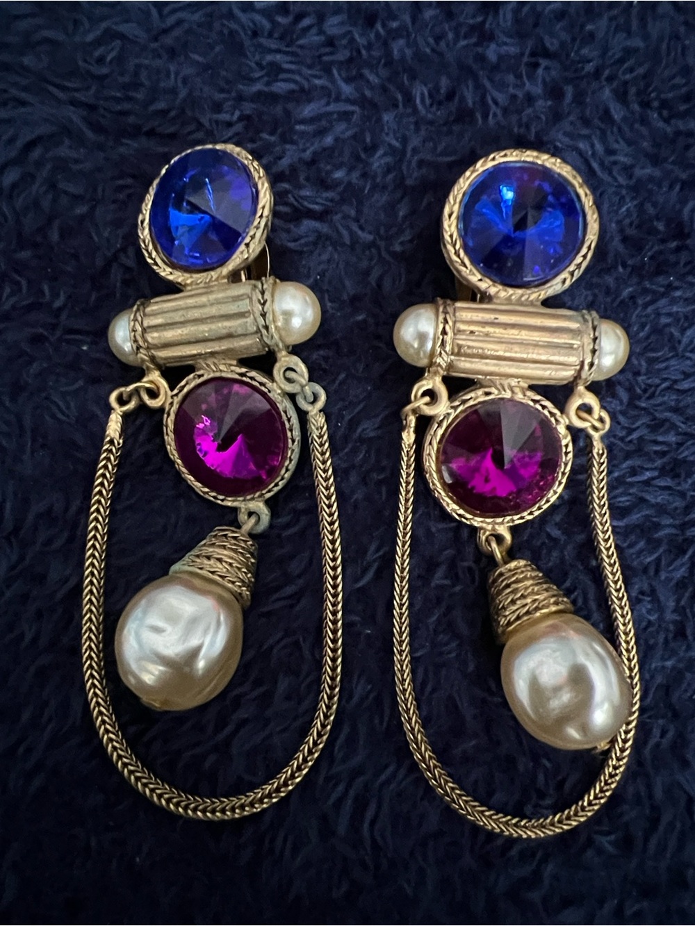 Gold-Tone Dangle Earrings with Blue and Fuchsia Stones and Pearl Drops VTG.
